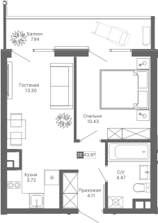Планировка — Крымская Резиденция, 2-комн., 36 м²