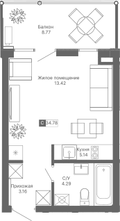 Планировка — Крымская Резиденция, Студия, 26 м²