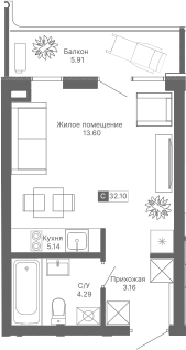 Планировка — Крымская Резиденция, Студия, 26 м²