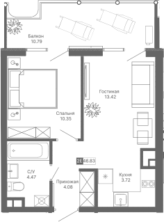 Планировка — Крымская Резиденция, 2-комн., 36 м²