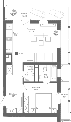 Планировка — Крымская Резиденция, 2-комн., 43 м²