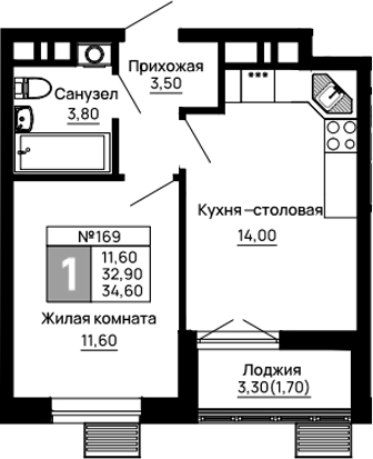 Планировка — Традиции, 1-комн., 33 м²