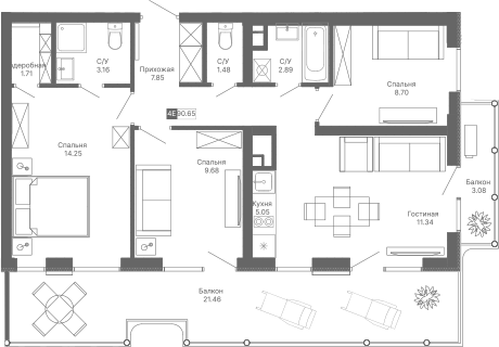 Планировка — Крымская Резиденция, 4-комн., 66 м²