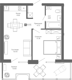 Планировка — Крымская Резиденция, 2-комн., 41 м²