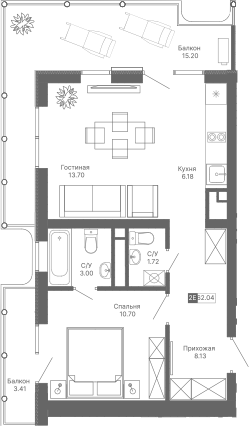 Планировка — Крымская Резиденция, 2-комн., 43 м²