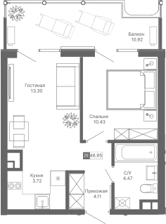 Планировка — Крымская Резиденция, 2-комн., 36 м²