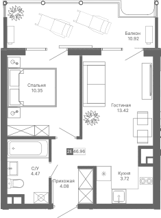 Планировка — Крымская Резиденция, 2-комн., 36 м²