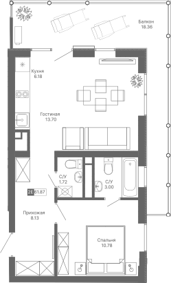 Планировка — Крымская Резиденция, 2-комн., 44 м²