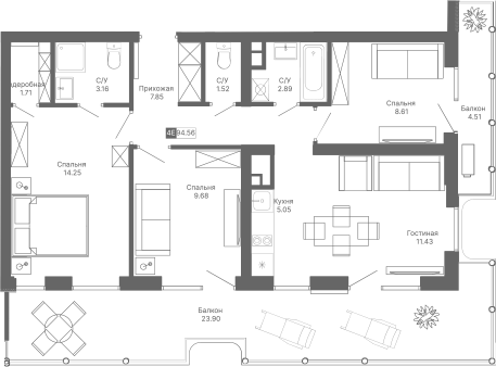 Планировка — Крымская Резиденция, 4-комн., 66 м²