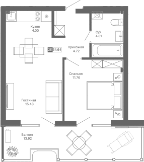 Планировка — Крымская Резиденция, 2-комн., 41 м²