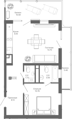 Планировка — Крымская Резиденция, 2-комн., 44 м²
