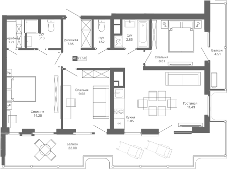 Планировка — Крымская Резиденция, 4-комн., 66 м²
