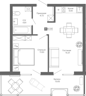 Планировка — Крымская Резиденция, 2-комн., 40 м²