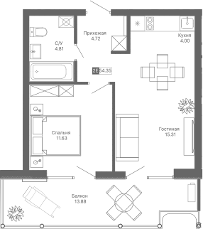 Планировка — Крымская Резиденция, 2-комн., 40 м²
