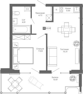Планировка — Крымская Резиденция, 2-комн., 40 м²