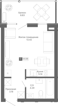 Планировка — Крымская Резиденция, Студия, 26 м²