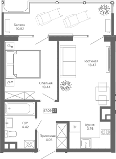 Планировка — Крымская Резиденция, 2-комн., 36 м²