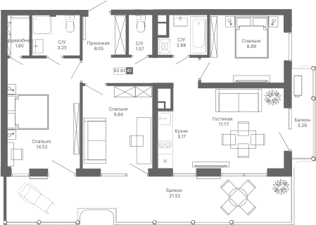 Планировка — Крымская Резиденция, 4-комн., 68 м²