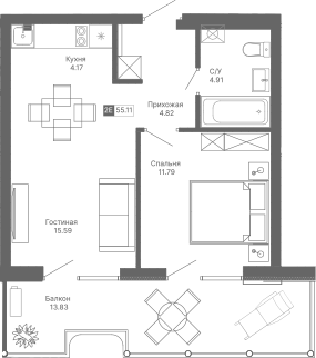 Планировка — Крымская Резиденция, 2-комн., 41 м²