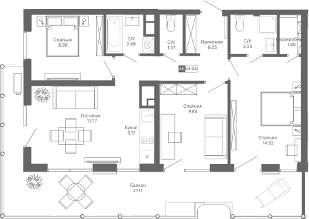 Планировка — Крымская Резиденция, 4-комн., 68 м²