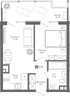 Планировка — Крымская Резиденция, 2-комн., 36 м²