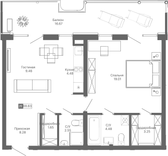 Планировка — Крымская Резиденция, 2-комн., 53 м²