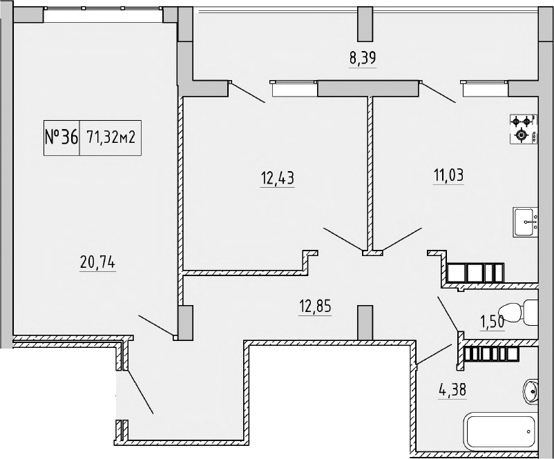 Планировка — Гриновский, 2-комн., 63 м²