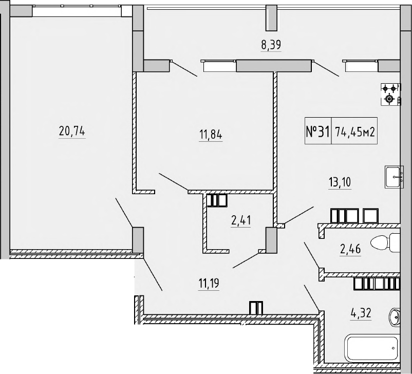 Планировка — Гриновский, 2-комн., 66 м²