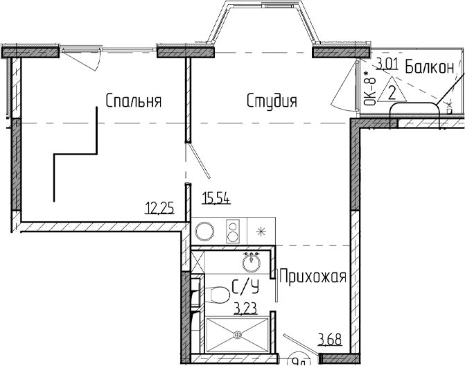 Планировка — Лучезарный, 1-комн., 33 м²