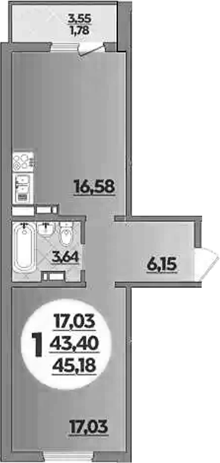 Планировка — Южная долина, 1-комн., 43 м²