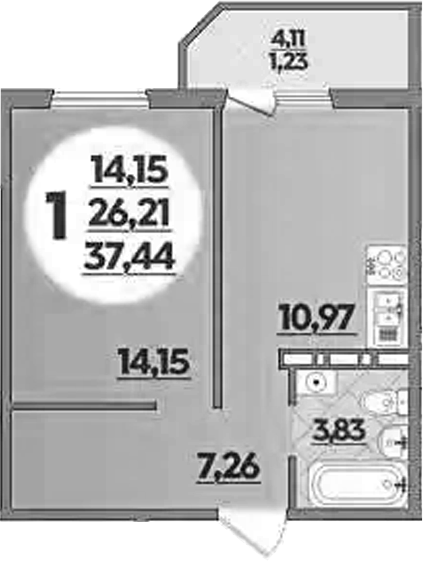 Планировка — Южная долина, 1-комн., 36 м²