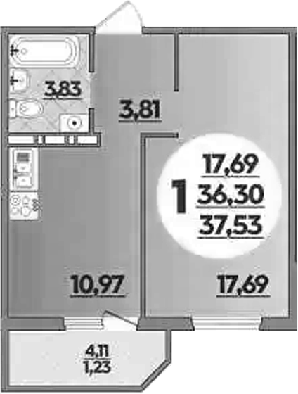 Планировка — Южная долина, 1-комн., 36 м²
