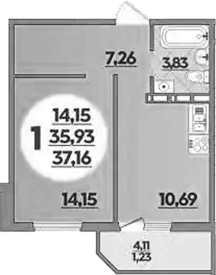 Планировка — Южная долина, 1-комн., 36 м²