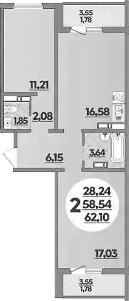 Планировка — Южная долина, 2-комн., 59 м²