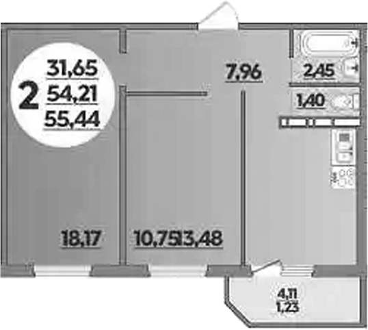 Планировка — Южная долина, 2-комн., 54 м²