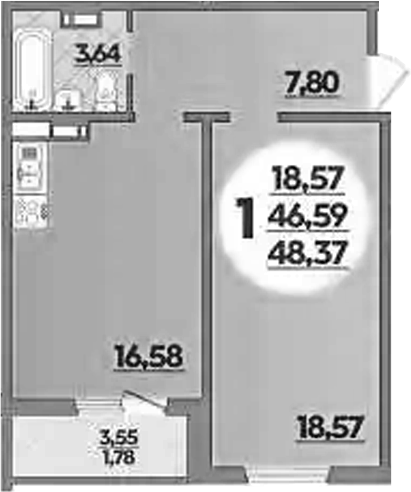 Планировка — Южная долина, 1-комн., 47 м²