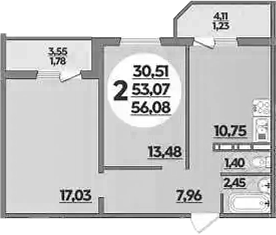 Планировка — Южная долина, 2-комн., 53 м²