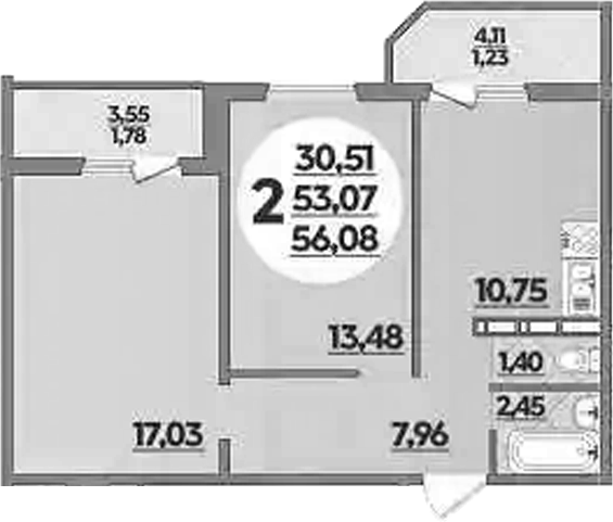 Планировка — Южная долина, 2-комн., 53 м²