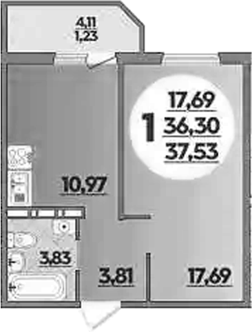 Планировка — Южная долина, 1-комн., 36 м²