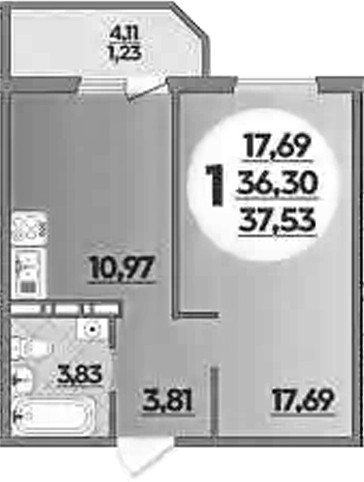 Планировка — Южная долина, 1-комн., 36 м²