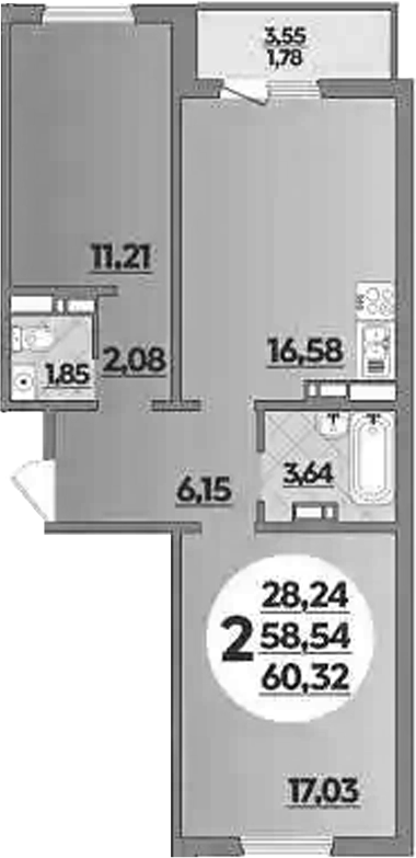 Планировка — Южная долина, 2-комн., 59 м²