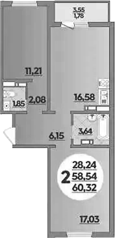Планировка — Южная долина, 2-комн., 59 м²