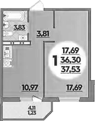 Планировка — Южная долина, 1-комн., 36 м²