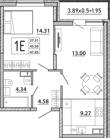 Планировка — Любимый дом. СЗ СтройГрупп, 2-комн., 46 м²