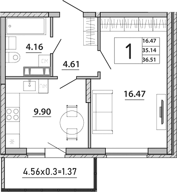 Планировка — Любимый дом. СЗ СтройГрупп, 1-комн., 35 м²