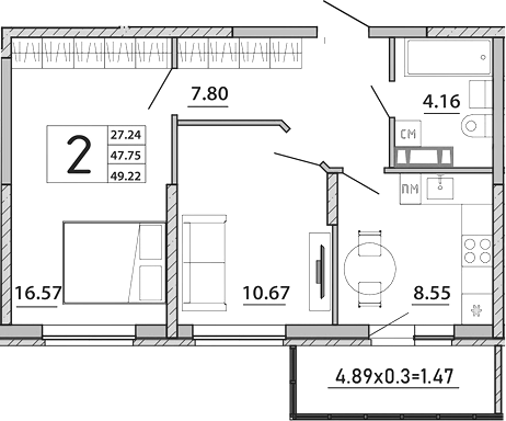 Планировка — Любимый дом. СЗ СтройГрупп, 2-комн., 48 м²