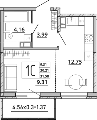 Планировка — Любимый дом. СЗ СтройГрупп, Студия, 30 м²