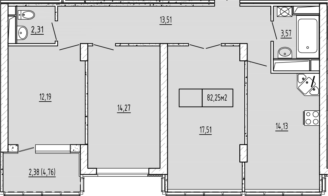 Планировка — Гриновский, 3-комн., 77 м²