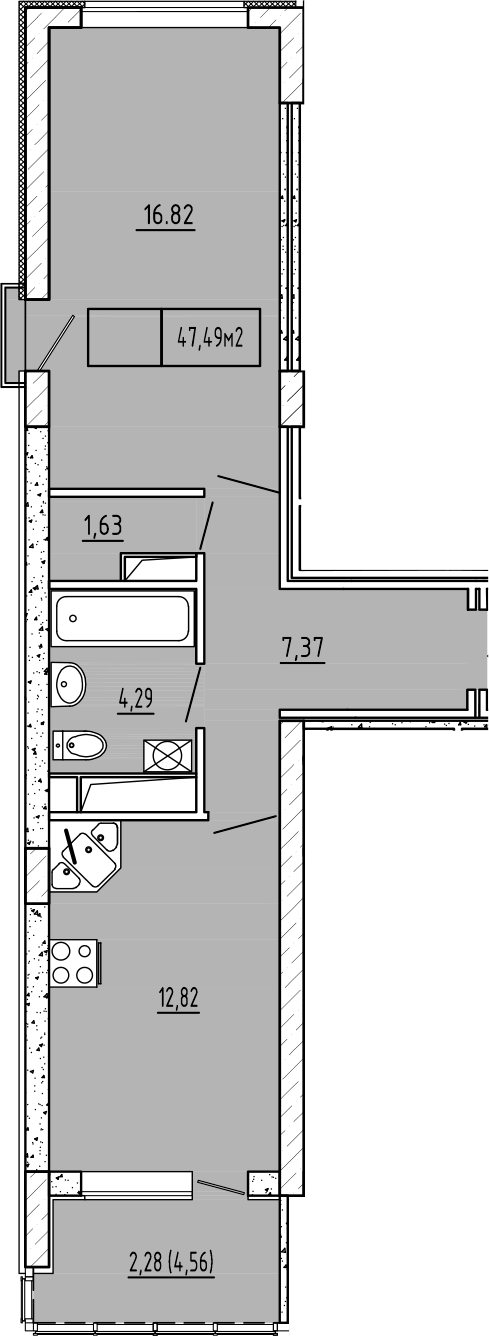 Планировка — Гриновский, 1-комн., 43 м²