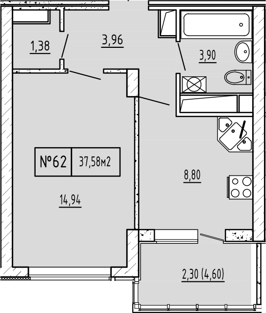 Планировка — Гриновский, 1-комн., 33 м²